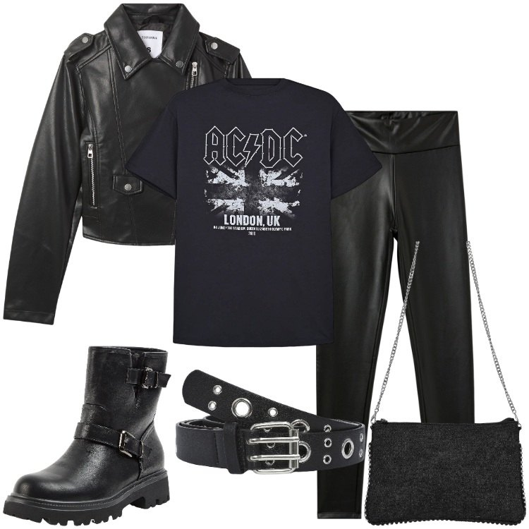 Outfit donna - Back in black. Stile Rock per Serata fuori. Abbinamento con cinture, giacche, t-shirt, treggings, stivaletti, borse a tracolla.