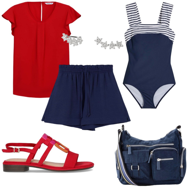 Outfit donna - Rosso bianco e blu. Stile Casual per Mare. Abbinamento con costumi interi, borse a tracolla, bluse, shorts, orecchini, sandali.
