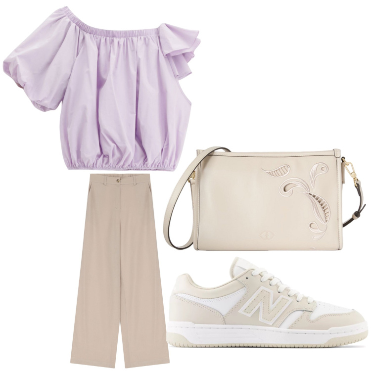 Outfit donna - Aperitivo. Stile Trendy per Tutti i giorni. Abbinamento con sneakers, top, pantaloni, borse a tracolla.