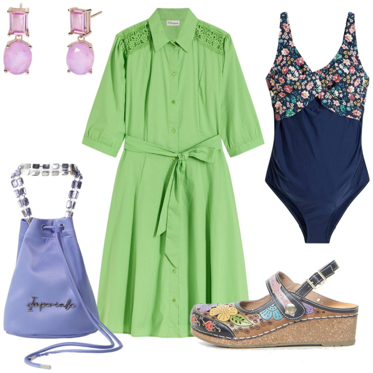 Outfit donna - Colorata. Stile Casual per Tutti i giorni. Abbinamento con costumi interi, vestiti chemisier, orecchini, borse a secchiello, sandali.