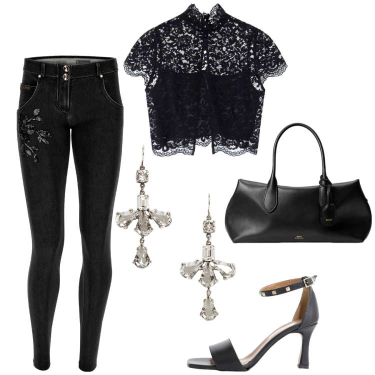 Outfit donna - Stile gotico. Stile Rock per Serata fuori. Abbinamento con sandali col tacco, top, jeans skinny, borse a mano, orecchini.