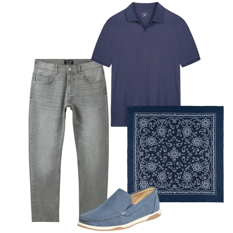 Outfit uomo - Pomeriggio. Stile Casual per Tutti i giorni. Abbinamento con scarpe stringate, jeans, polo, sciarpe e foulard.