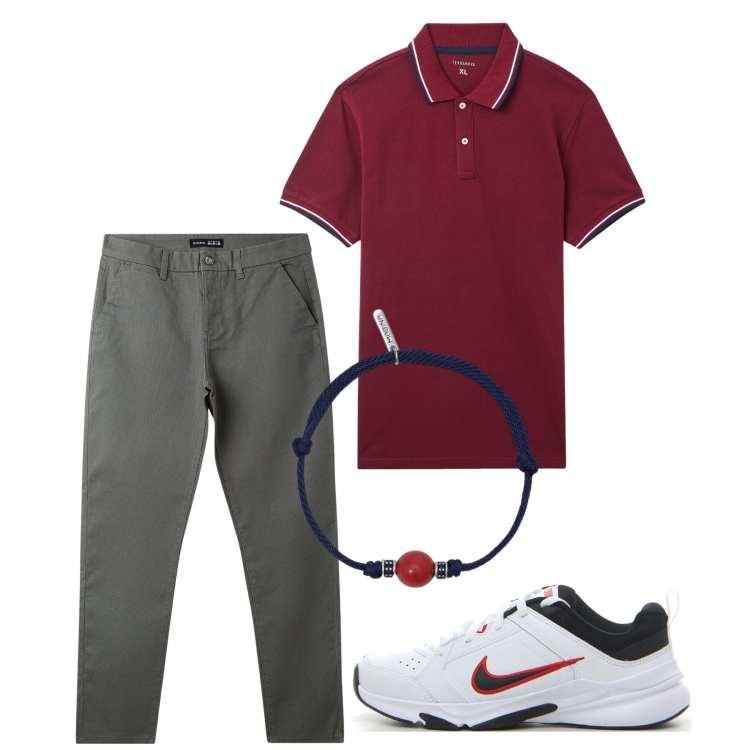 Outfit uomo - Casual. Stile Casual per Tutti i giorni. Abbinamento con pantaloni chino, polo, braccialetti, sneakers.