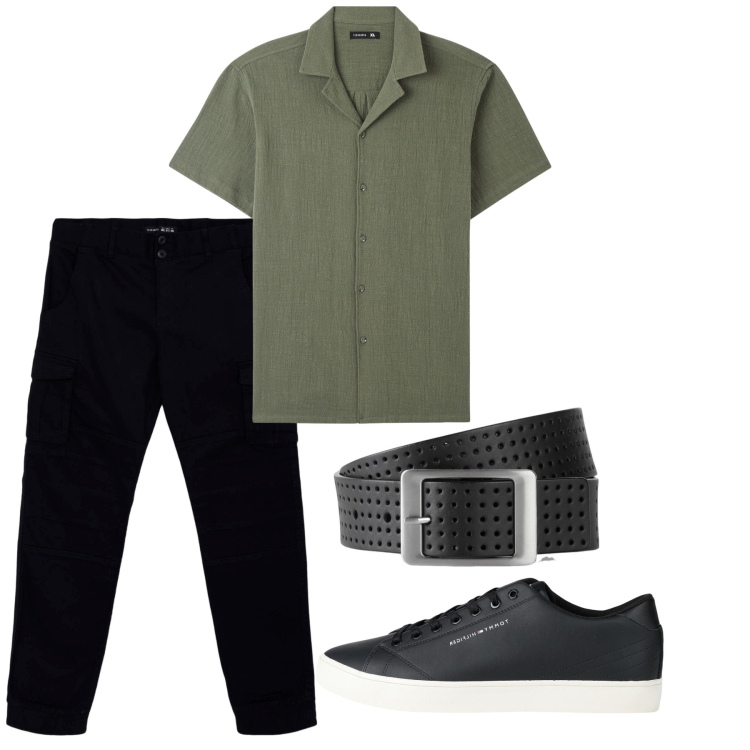 Outfit uomo - Nero e oliva. Stile Casual per Tutti i giorni. Abbinamento con cinture, sneakers, pantaloni cargo, camicie a manica corta.