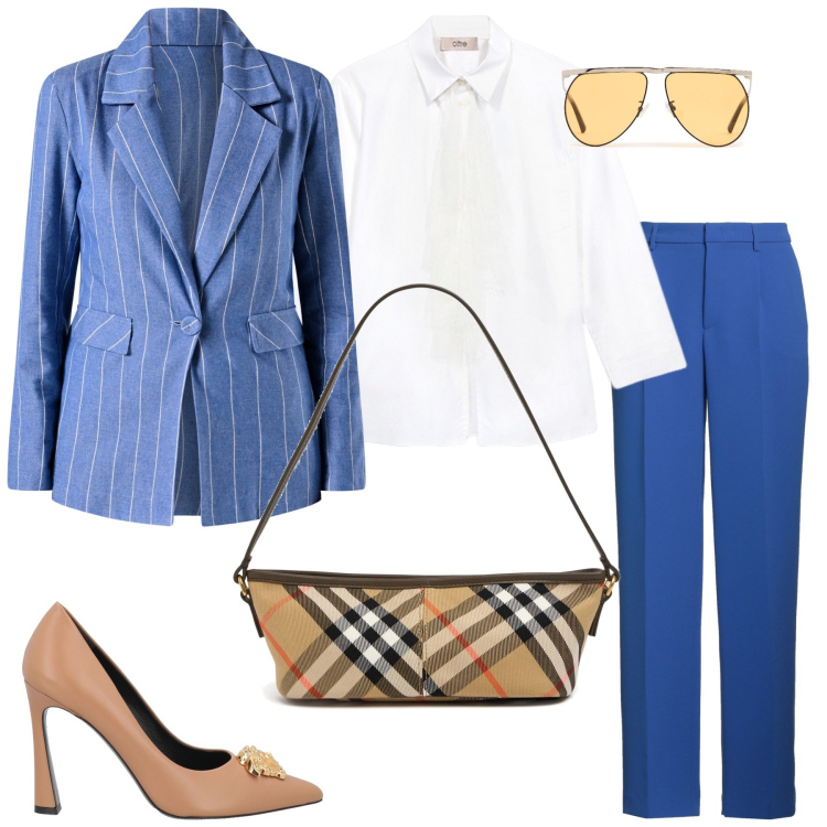 Outfit donna - Gessato in ufficio. Stile Casual chic per Ufficio. Abbinamento con décolleté, pantaloni, blazer, borse a mano, occhiali da sole, camicie.