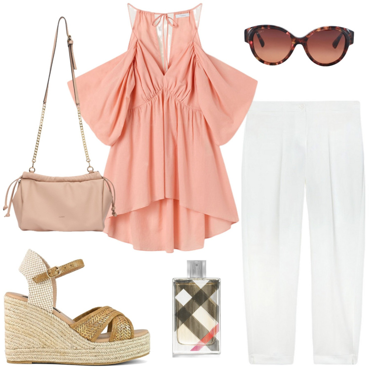 Outfit donna - rosa di pomeriggio. Stile Casual per Tutti i giorni. Abbinamento con occhiali da sole, profumi, pantaloni, zeppe, borse a tracolla, top.