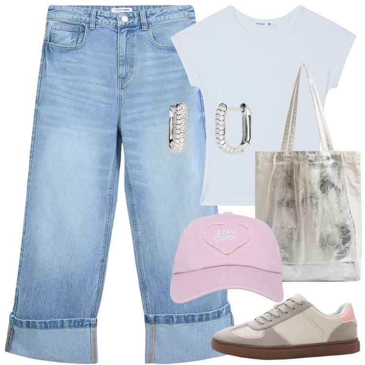 Outfit donna - Look basic. Stile Basic per Tutti i giorni. Abbinamento con sneakers, cappelli, t-shirt, shopping bag, jeans, orecchini.