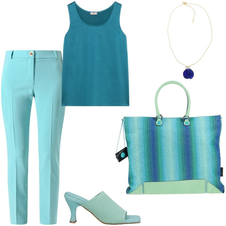 Outfit donna - I colori del mare. Stile Chic per Ufficio. Abbinamento con sandali in pelle, borse a mano, collane, pantaloni, top.