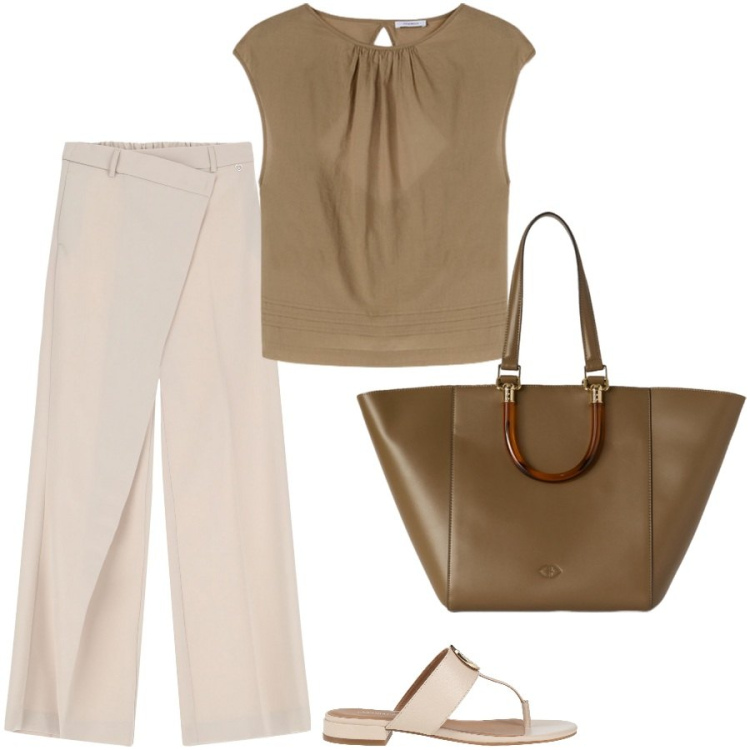 Outfit donna - City. Stile Casual per Tutti i giorni. Abbinamento con infradito, pantaloni, shopping bag, bluse.