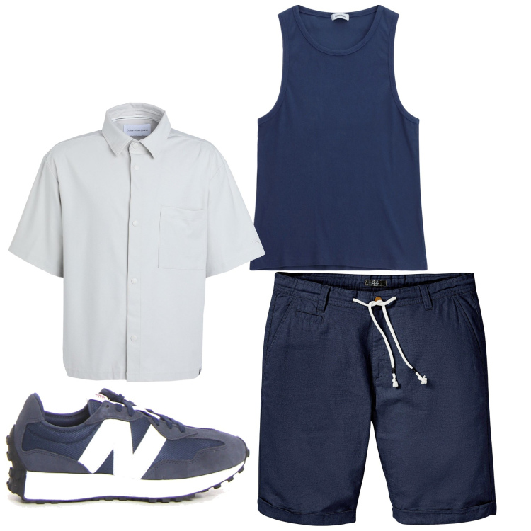 Outfit uomo - Il primo sole. Stile Casual per Tutti i giorni. Abbinamento con bermuda, camicie a manica corta, canottiere, sneakers.
