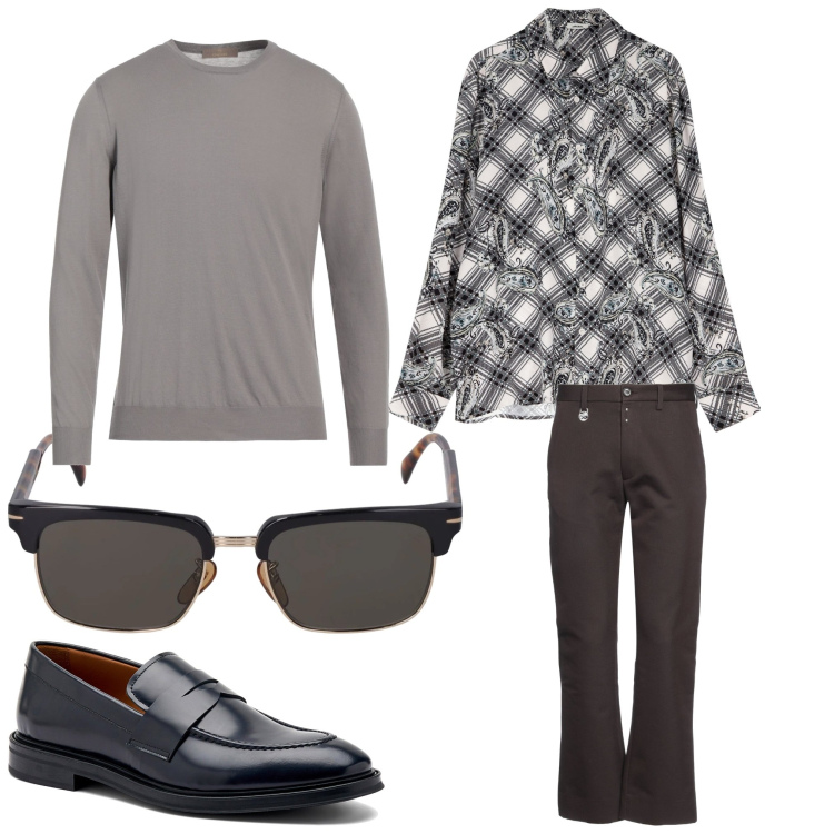 Outfit uomo - Grigio e fantasia. Stile Business/Elegante per Ufficio. Abbinamento con pantaloni chino, pullovers, camicie, occhiali da sole, scarpe stringate.