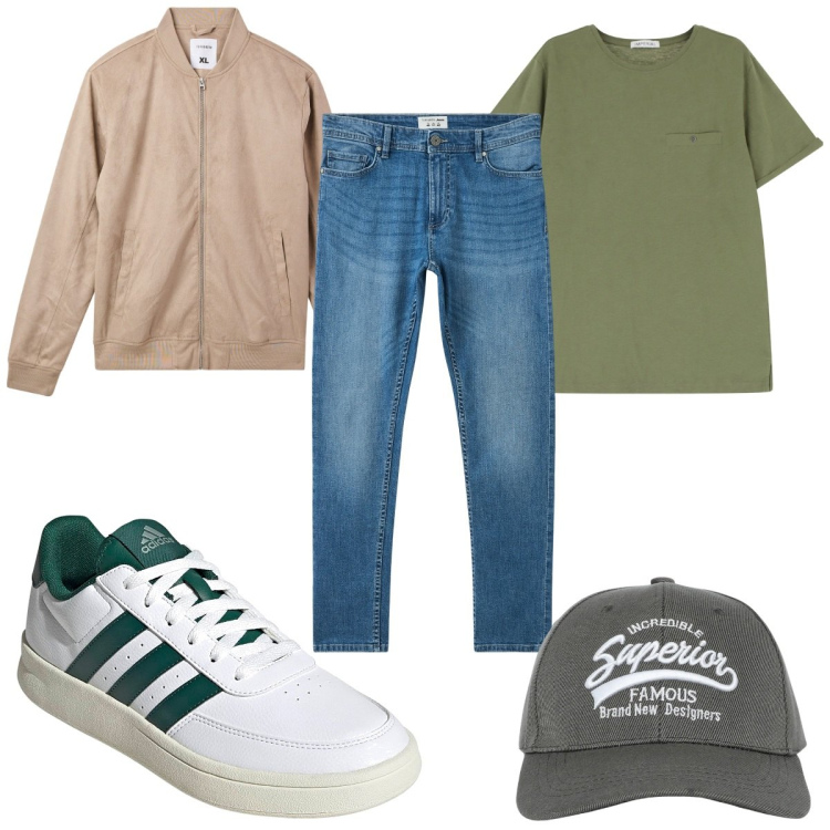 Outfit uomo - Total look #2171640. Stile Trendy per Tutti i giorni. Abbinamento con jeans skinny, cappelli con visiera, bomber, t-shirt, sneakers.