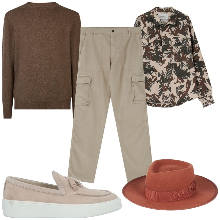Outfit uomo - Total look #2171641. Stile Trendy per Tutti i giorni. Abbinamento con cappelli, scarpe stringate, pantaloni cargo, giacche, maglieria.