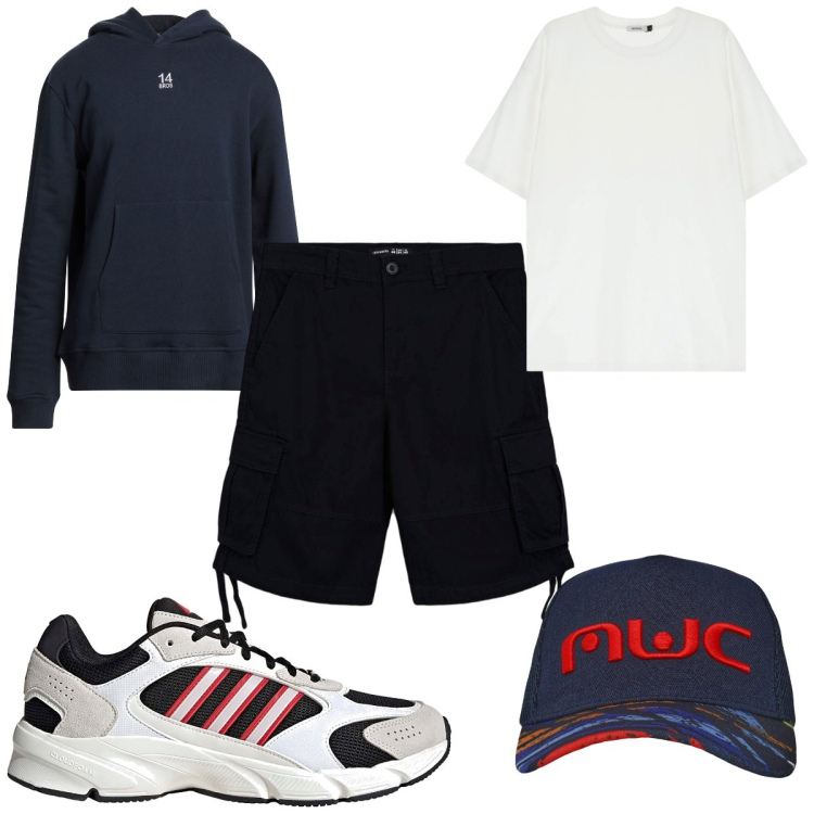 Outfit uomo - Total look #2171653. Stile Trendy per Tutti i giorni. Abbinamento con felpe con cappuccio, bermuda, cappelli, t-shirt, sneakers.