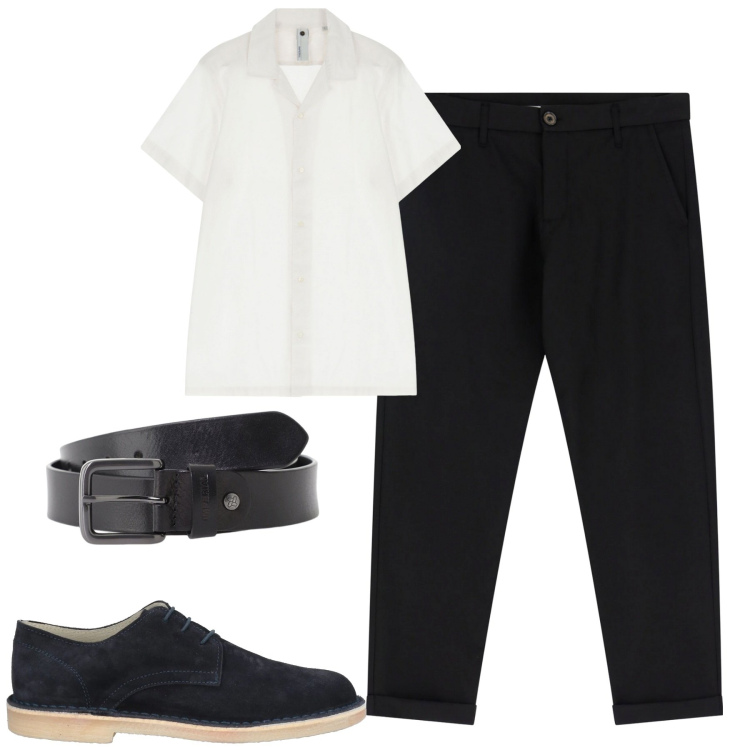 Outfit uomo - City. Stile Urban per Tutti i giorni. Abbinamento con scarpe stringate, pantaloni chino, cinture, camicie a manica corta.