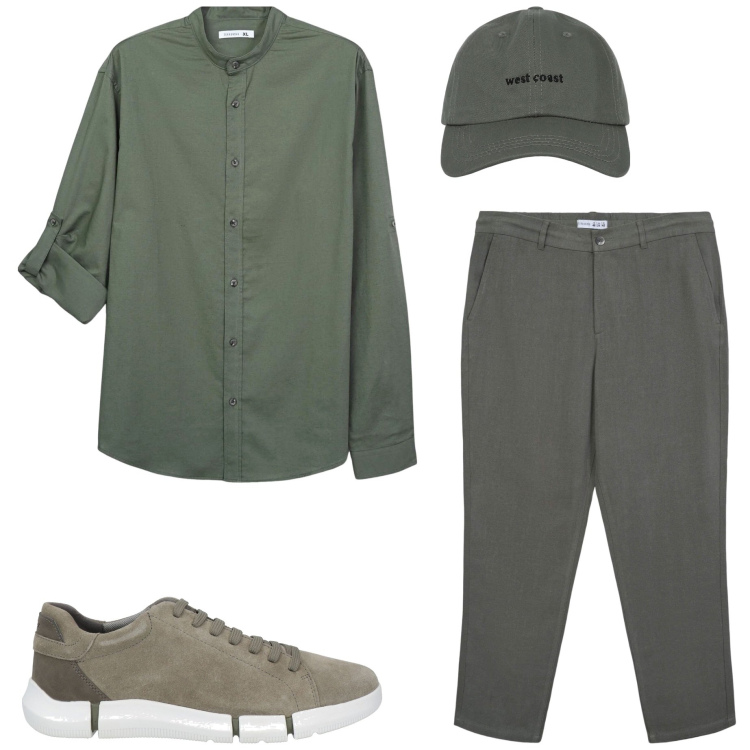 Outfit uomo - Domenica sul lago. Stile Urban per Tutti i giorni. Abbinamento con sneakers, camicie, cappelli con visiera, pantaloni chino.