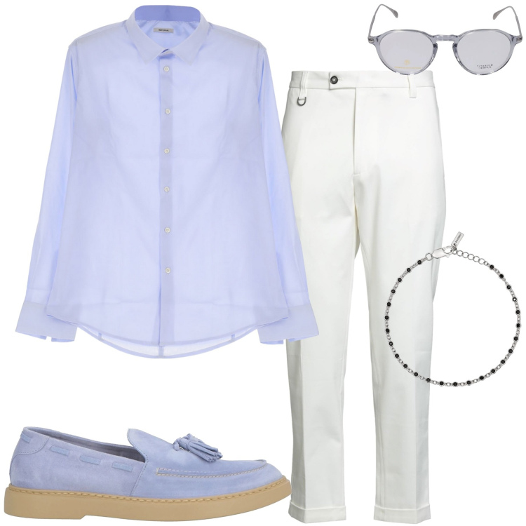 Outfit uomo - Sporty chic alla comunione. Stile Business/Elegante per Cerimonia. Abbinamento con scarpe stringate, pantaloni chino, braccialetti, camicie, occhiali da sole.
