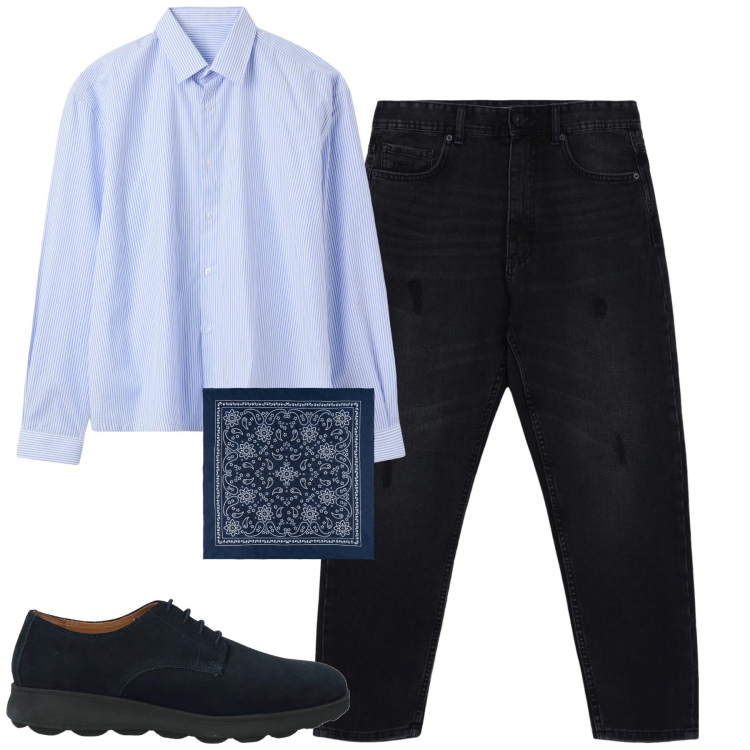 Outfit uomo - City. Stile Urban per Tutti i giorni. Abbinamento con scarpe stringate, camicie, jeans strappati, sciarpe e foulard.