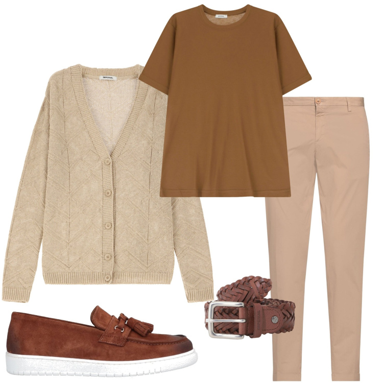 Outfit uomo - Aria fresca della sera. Stile Casual per Tutti i giorni. Abbinamento con scarpe stringate, pantaloni chino, cardigans, t-shirt, cinture.