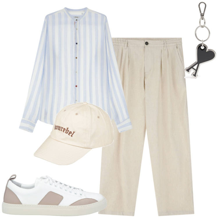 Outfit uomo - City. Stile Urban per Tutti i giorni. Abbinamento con cappelli con visiera, sneakers, pantaloni, camicie, portachiavi.