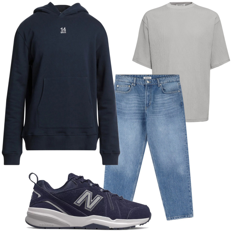 Outfit uomo - Total look #2171701. Stile Urban per Tutti i giorni. Abbinamento con felpe con cappuccio, sneakers, jeans, t-shirt.