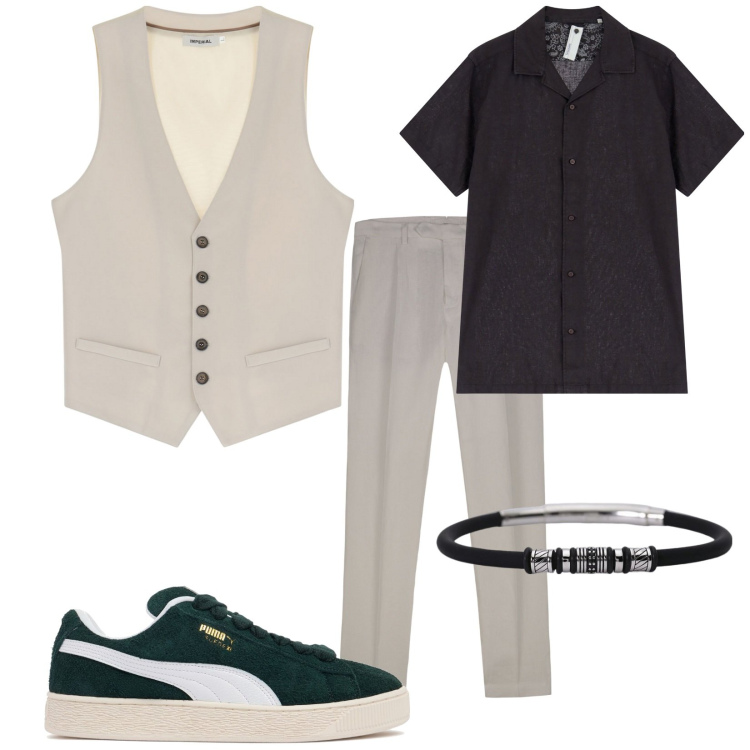 Outfit uomo - Total look #2171705. Stile Trendy per Serata speciale. Abbinamento con braccialetti, camicie a manica corta, gilet, pantaloni, sneakers.