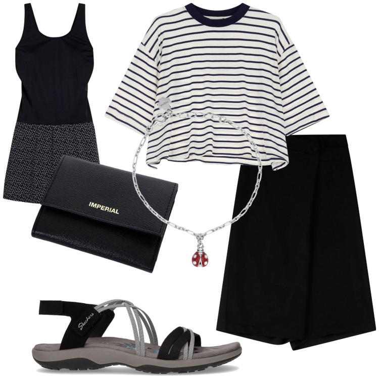 Outfit donna - Summer. Stile Trendy per Tutti i giorni. Abbinamento con vestiti da spiaggia, braccialetti con ciondoli, pantaloni, portafogli, t-shirt, sandali.