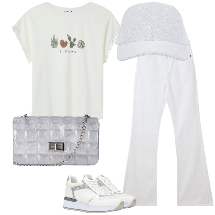 Outfit donna - White is always a good idea. Stile Casual per Tutti i giorni. Abbinamento con jeans a zampa, t-shirt, cappelli con visiera, borse a tracolla, sneakers.