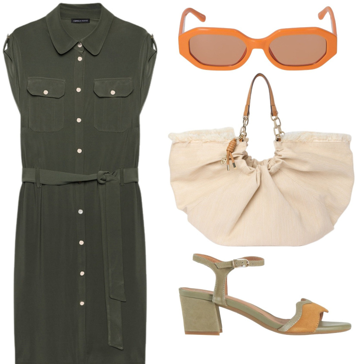 Outfit donna - Glam. Stile Casual chic Abbinamento con sandali in pelle, vestiti chemisier, occhiali da sole, borse a mano.