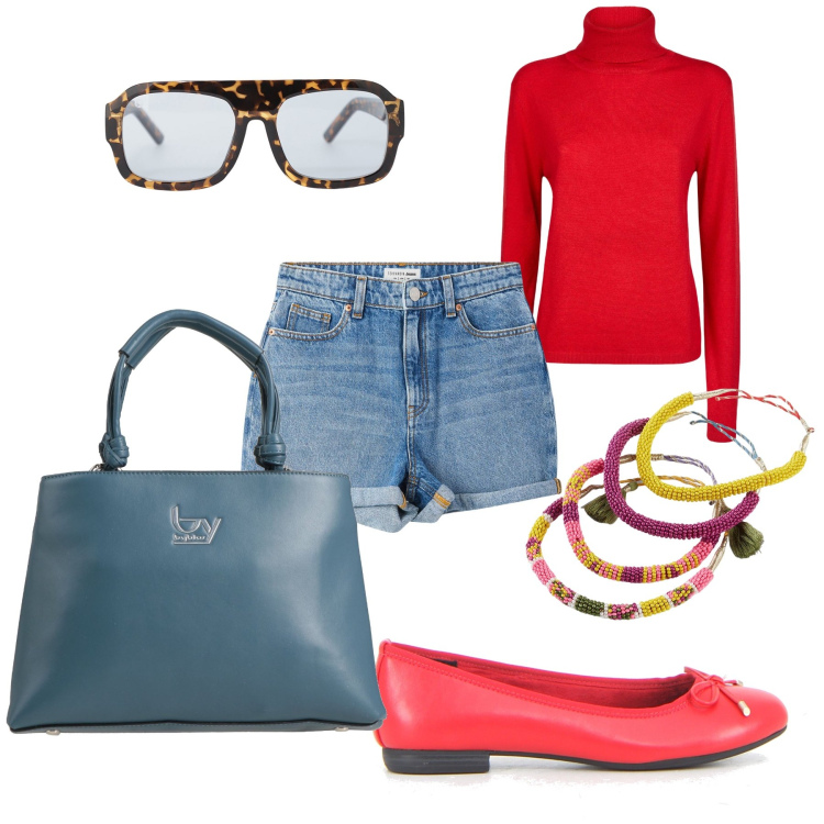 Outfit donna - Mattina freschetta. Stile Casual chic per Tutti i giorni. Abbinamento con braccialetti, borse a mano, shorts, occhiali da sole, maglieria, ballerine.