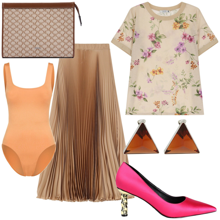 Outfit donna - Cerimonia tshirt e gonna. Stile Bon Ton per Cerimonia. Abbinamento con décolleté, orecchini, t-shirt, gonne lunghe, body, pochette.