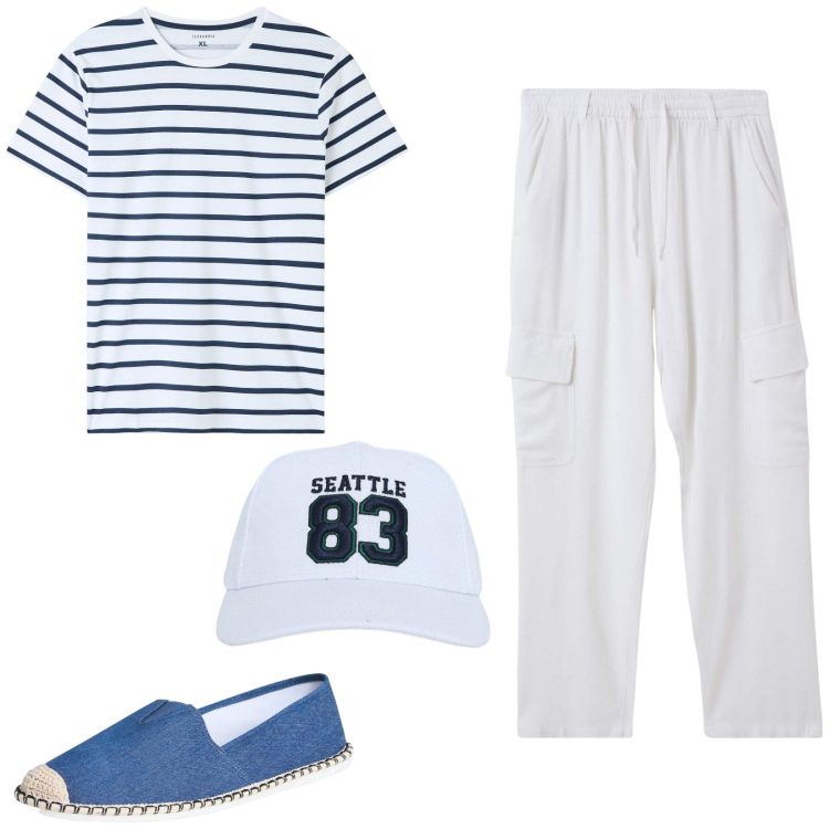 Outfit uomo - Stile coastal. Stile Trendy per Tutti i giorni. Abbinamento con espadrillas, t-shirt, cappelli, pantaloni cargo.