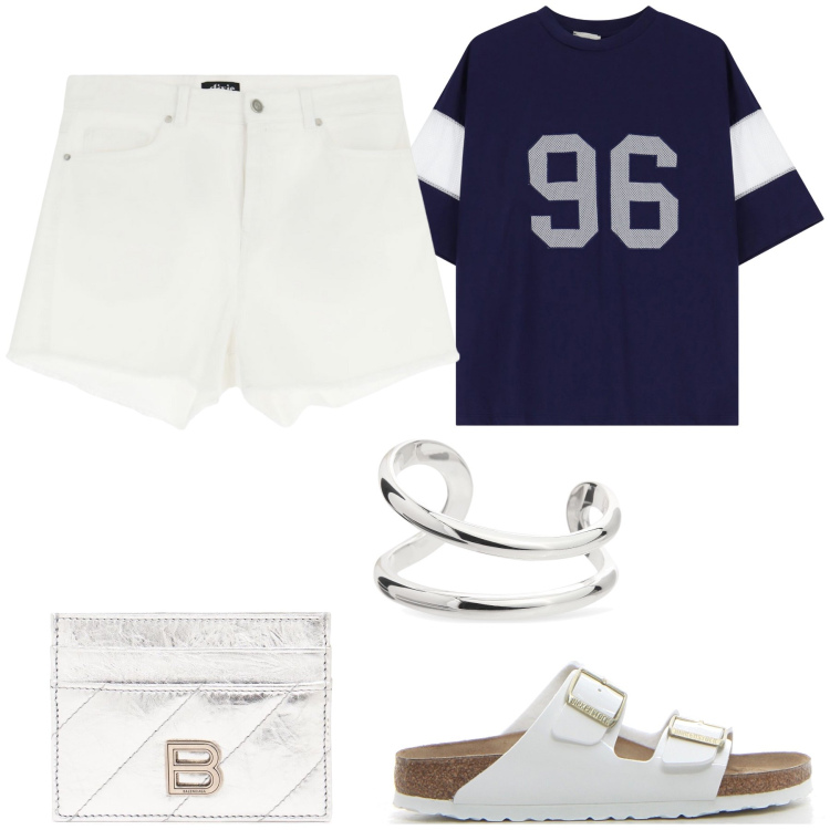 Outfit donna - Super sportiva è molto chic. Stile Sporty chic per Tutti i giorni. Abbinamento con shorts, t-shirt, portafogli, braccialetti, ciabatte.
