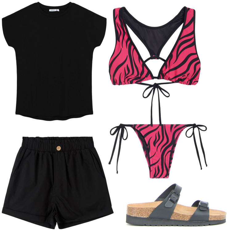 Outfit donna - Summer outfit. Stile Basic per Mare. Abbinamento con pantaloni corti, t-shirt, bikini, bikini, ciabatte.