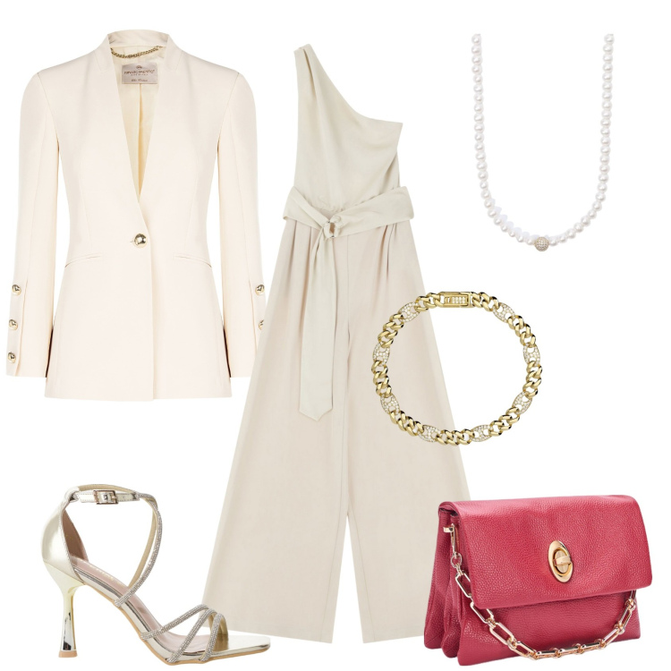 Outfit donna - La tuta chic. Stile Chic per Cerimonia. Abbinamento con collane, braccialetti, blazer, sandali col tacco, tute, borse a tracolla.