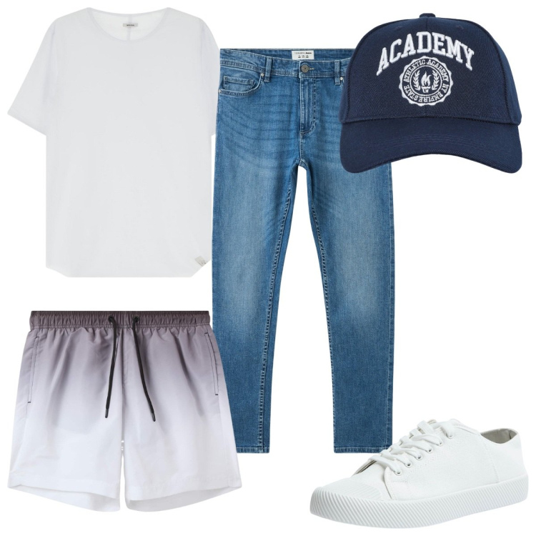 Outfit uomo - Total look #2171799. Stile Trendy per Mare. Abbinamento con jeans skinny, cappelli con visiera, costumi, sneakers, t-shirt.