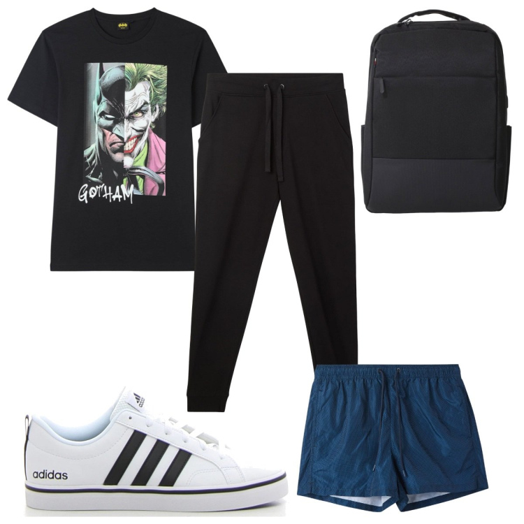 Outfit uomo - Total look #2171800. Stile Trendy per Mare. Abbinamento con costumi, t-shirt, pantaloni, borse sportive, sneakers.