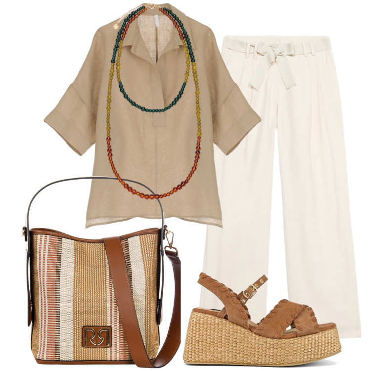 Outfit donna - Summer outfit. Stile Casual chic per Tutti i giorni. Abbinamento con borse a secchiello, camicie a manica corta, zeppe, ciondoli, pantaloni a palazzo.