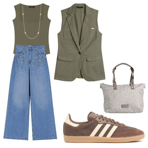 Outfit donna - il jeans con gli strass. Stile Urban per Tutti i giorni. Abbinamento con borse a mano, collane, gilet, body, jeans, sneakers.
