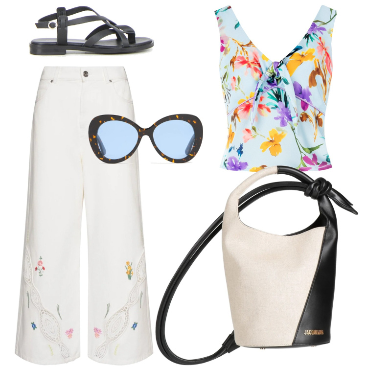 Outfit donna - Fiori e cuoio. Stile Casual per Tutti i giorni. Abbinamento con borse a secchiello, top, pantaloni, sandali, occhiali da sole.