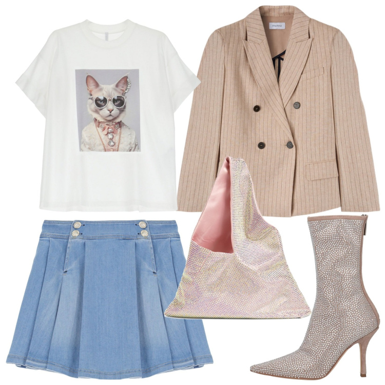 Outfit donna - Casual con gli strass. Stile Casual chic per Serata fuori. Abbinamento con stivaletti, minigonne, t-shirt, borse a spalla, blazer.