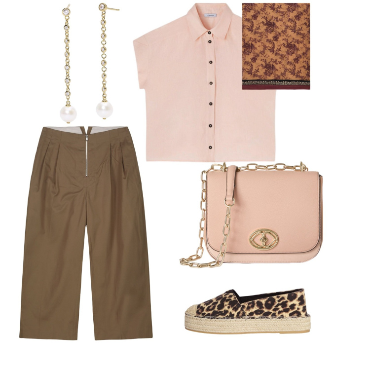 Outfit donna - Shopping. per Tutti i giorni. Abbinamento con espadrillas, orecchini, pantaloni, borse a tracolla, foulard, camicie a manica corta.