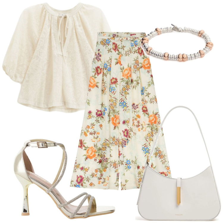 Outfit donna - Total look #2171830. Stile Boho per Cerimonia. Abbinamento con pantaloni a palazzo, sandali col tacco, camicie, borse a spalla, braccialetti.
