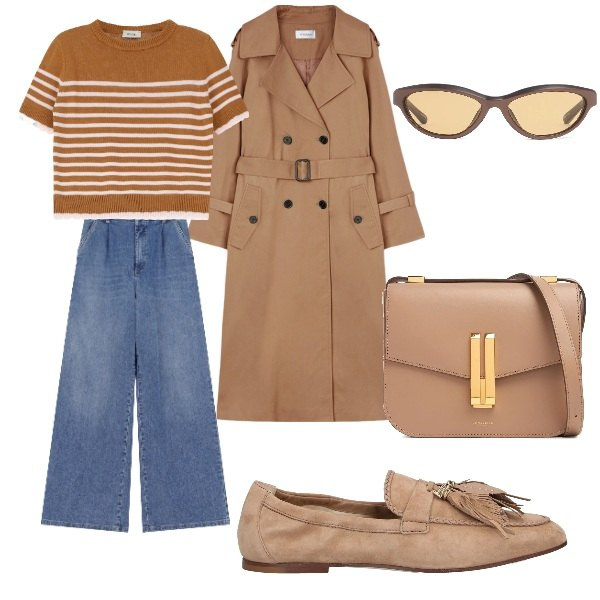 Outfit donna - il trench e il jeans. Stile Sporty chic per Tutti i giorni. Abbinamento con mocassini, jeans, maglieria, trench, occhiali da sole, borse a spalla.