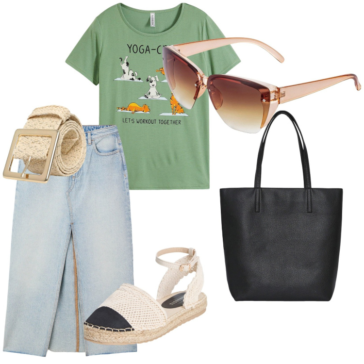 Outfit donna - In città. per Tutti i giorni. Abbinamento con occhiali da sole, t-shirt, borse tote, gonne lunghe, espadrillas, cinture.