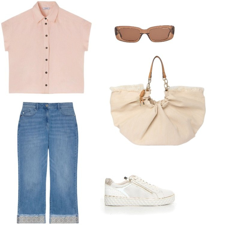 Outfit donna - Total look #2171844. Stile Boho per Tutti i giorni. Abbinamento con jeans dritti, sneakers, occhiali da sole, camicie a manica corta, borse a mano.