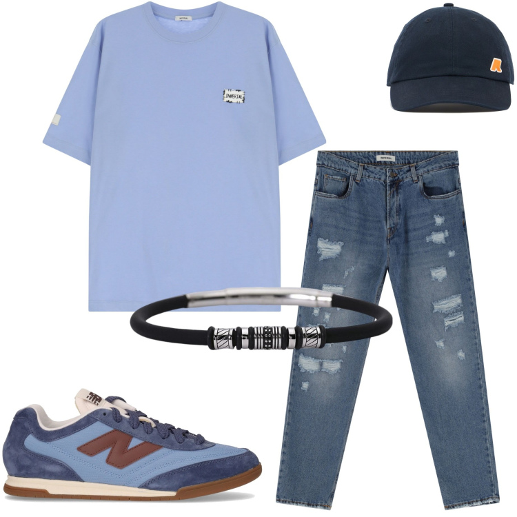 Outfit uomo - Casual style. Stile Casual per Tutti i giorni. Abbinamento con braccialetti, t-shirt, jeans, cappelli, sneakers.