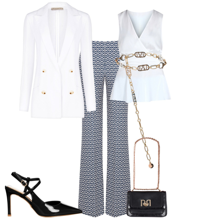 Outfit donna - Serata evento cerimonia. Stile Bon Ton per Serata fuori. Abbinamento con pantaloni, cinture, blazer, décolleté, top, borse a tracolla.