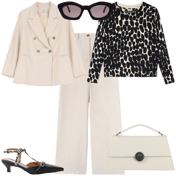 Outfit donna - Bon ton per l ufficio. Stile Bon Ton per Ufficio. Abbinamento con borse a mano, occhiali da sole, décolleté, blazer, maglieria, pantaloni a palazzo.