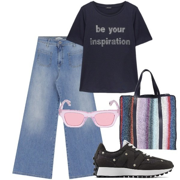 Outfit donna - Margherite. Stile Casual chic per Tutti i giorni. Abbinamento con borse a mano, sneakers, jeans, t-shirt, occhiali da sole.